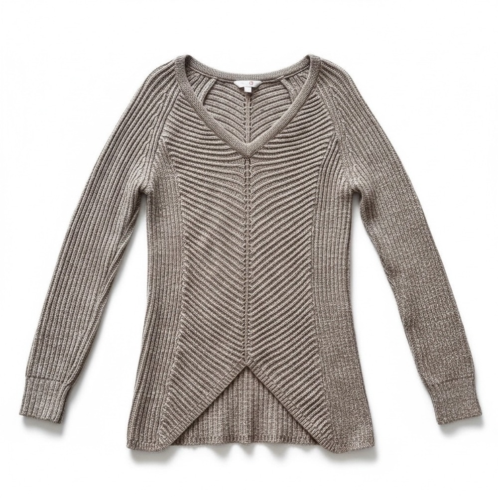 Guess Women V Neck Chevron Oversized Knit Sweater Long Sleeve‎ Brown XS